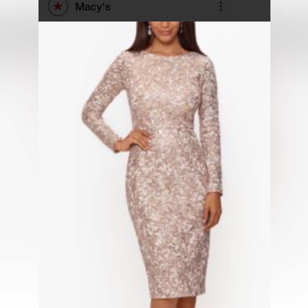 Xscape Rose Gold Sequin Long-Sleeve Sheath Cocktail Dress